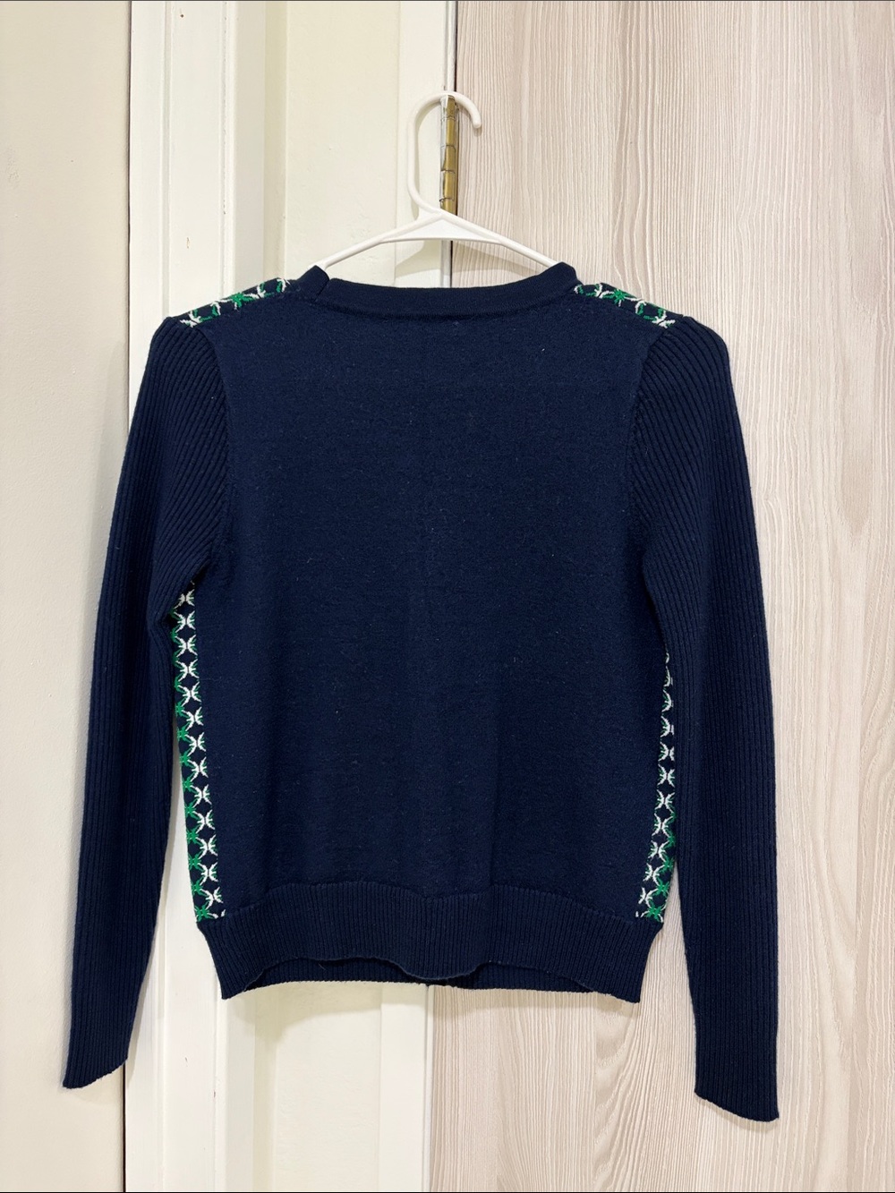 Tory Sport Navy Cardigan with Green & White Geometric Front - Picture 2 of 7
